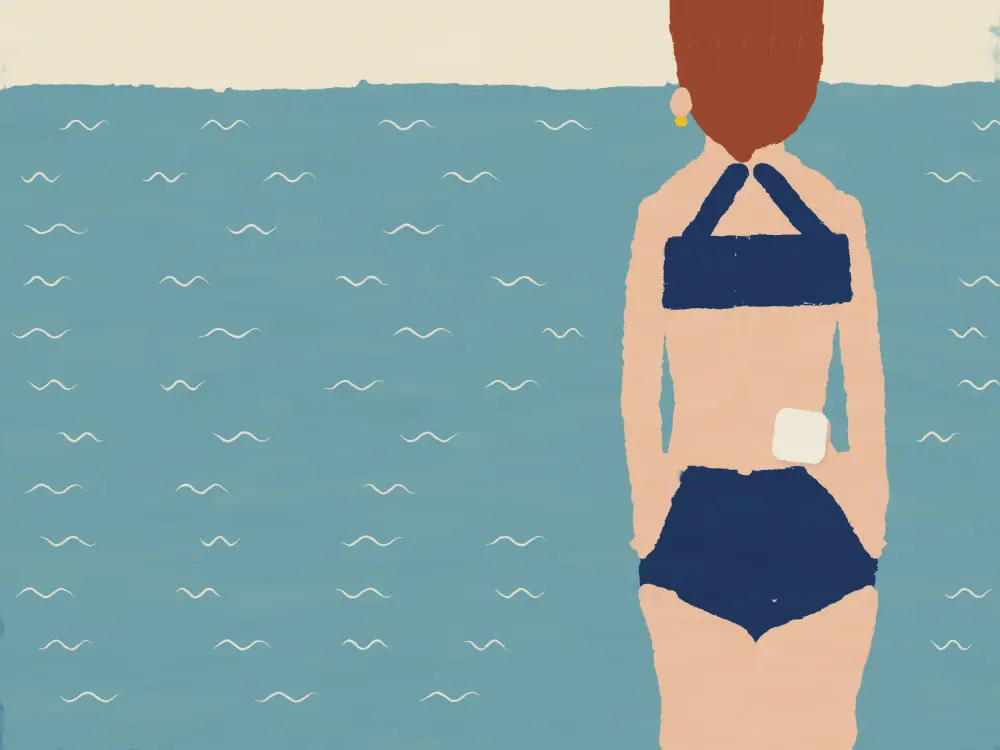 A woman from behind by a pool, a small HRT patch on her hip.