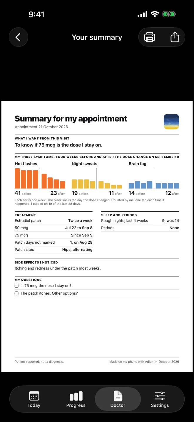 Your summary, open in the app, with buttons to print it or share it.