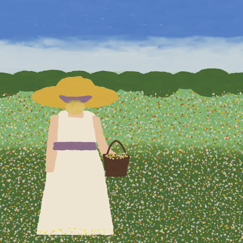 A woman in a straw hat and white dress carrying a basket through a meadow of flowers.