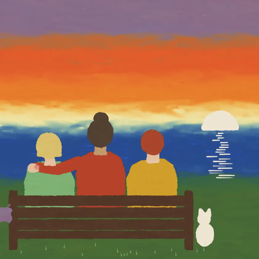 Three friends on a bench, arms round each other, watching the sun set over the sea.