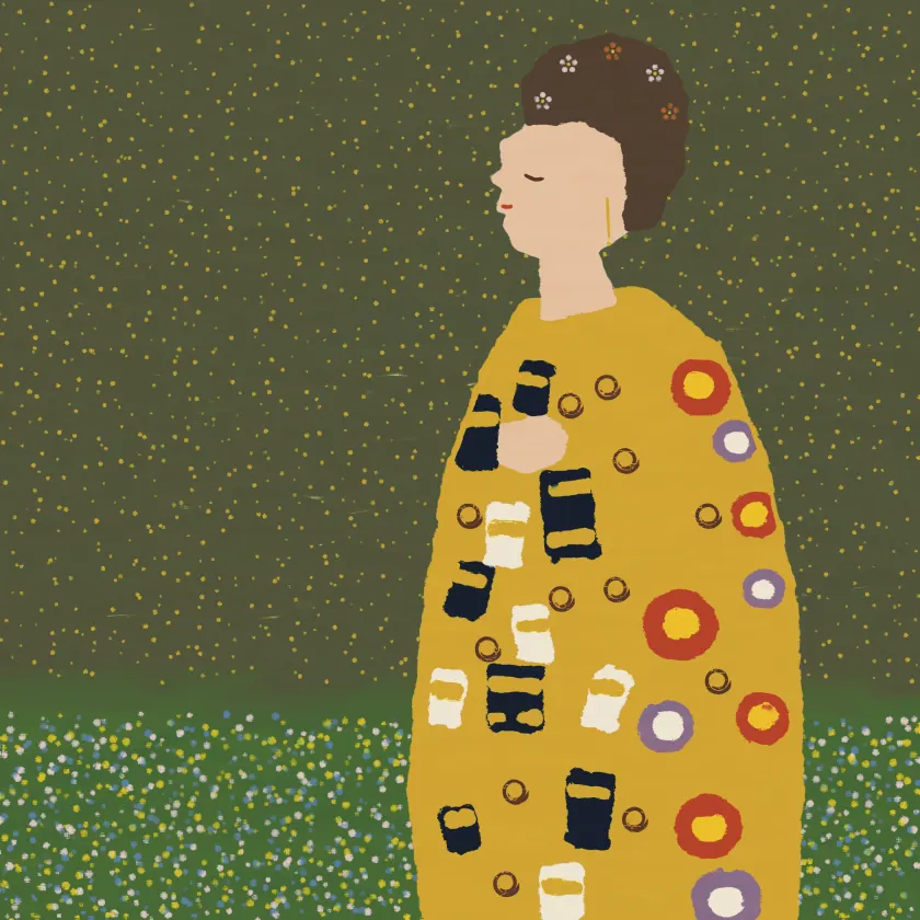 A woman with her eyes closed in a gold patterned coat, in the style of Klimt.