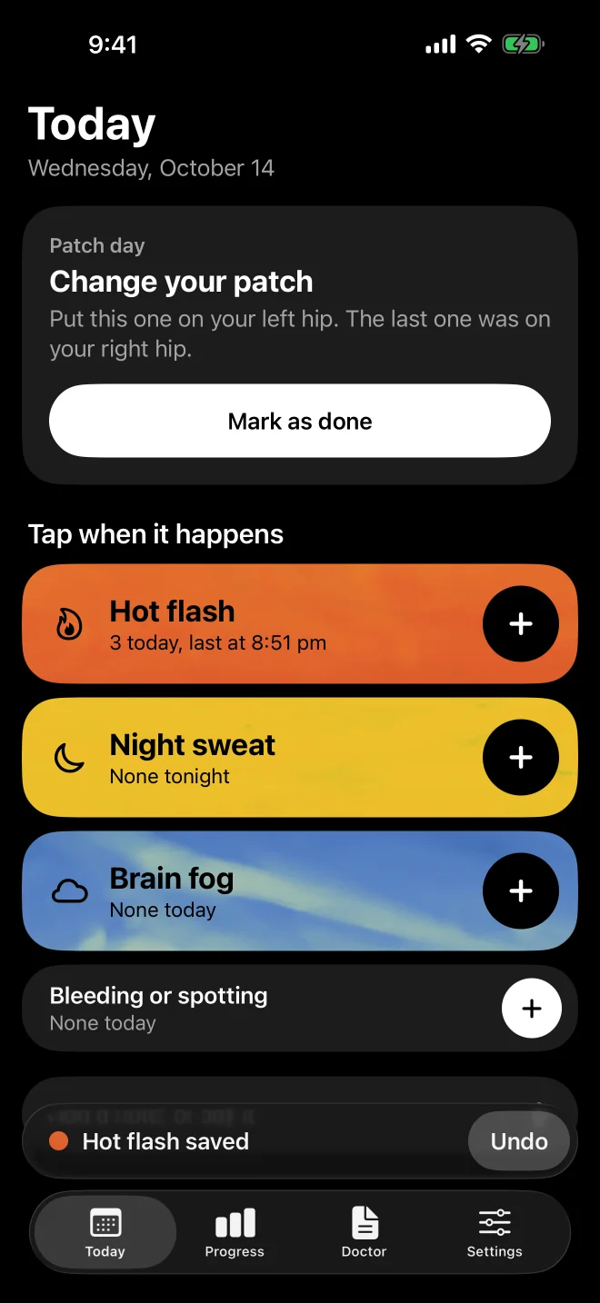 A hot flash just logged: the count goes up to 3 and a bar at the bottom says Hot flash saved, with Undo.